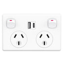 Double Pole, Double Power Point GPO Wall Outlet 10A with USB A & C Type Charging Power Point for Mobile Smarthphone, iPad Charge USB Ports 5V 3.6Amp