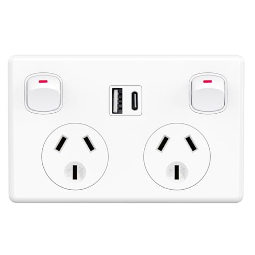 Double Pole, Double Power Point GPO Wall Outlet 10A with USB A & C Type Charging Power Point for Mobile Smarthphone, iPad Charge USB Ports 5V 3.6Amp