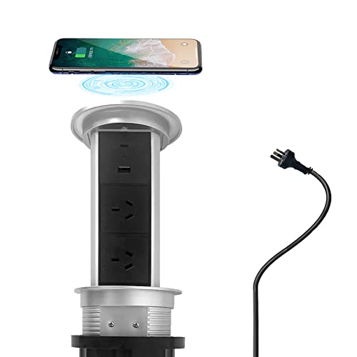 ZESHAN Intelligen pop up Power Outlet Australia Power Tower pop up with Wireless Charger, 2 AU pulgs 1 USB C Charger for Kitchen Counter, Conference Room, Silver