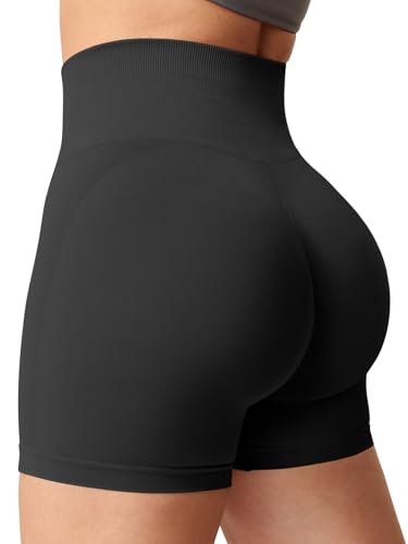 YEOREO Women Seamless Scrunch Workout Shorts High Waisted Intensify Running Gym Yoga Workout, Black, Medium