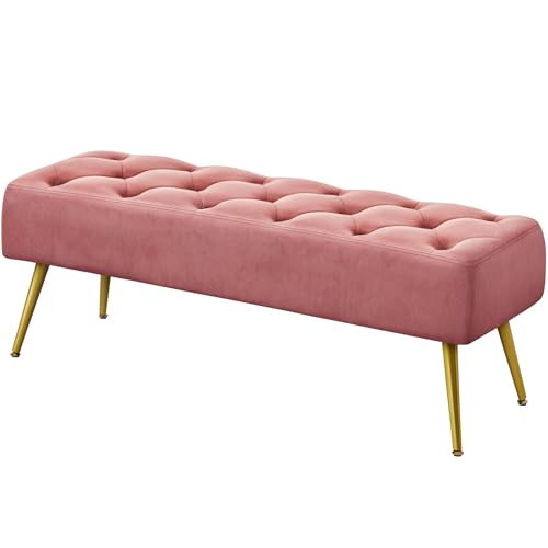 Yaheetech Modern Ottoman Bench Velvet Bench Upholstered Footrest for Living Room with Gold Metal Legs and Padded Seat Pink