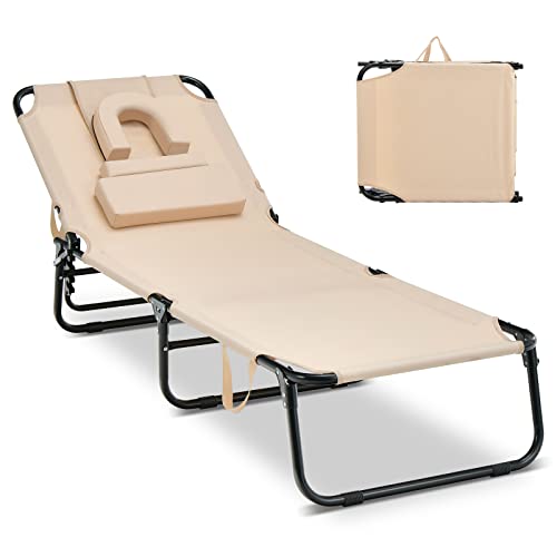 Costway Face Down Tanning Chair, Beach Lounge Chair with 5-Level Adjustable Backrest & 3 Removable Pillows, Folding Sunbathing Recliner with Face Hole, Reinforced Chaise Lounge Chair for Deck