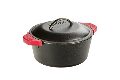 Lodge L8DOL3HH41PLT Cast Iron Dutch Oven with Handle Holders, 5 Quart, Black/Red