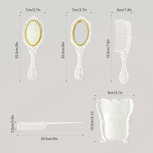 (White) - Professional Hair Comb Brush Set with Mirror Hairbrush Holder Detangling Massage Combs Cosmetics Hair Styling Tools Set