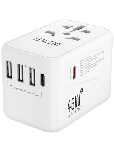 LENCENT Universal Travel Adapter, GaN III 45W International Charger with 3 USB Ports & 2 USB-C PD Fast Charging Adaptor, Worldwide Wall Charger for iPhone, Laptops, USA/UK/EU/AUS, White