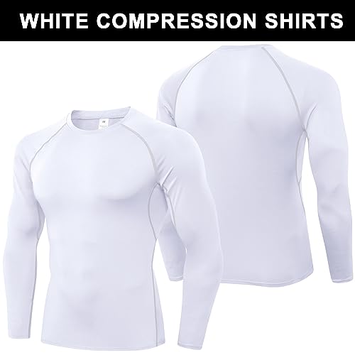 Men's Compression Shirts Longs Sleeve Workout Gym T-Shirt Running Tops Cool Dry Sports Base Layer Athletic Undershirts, Black+white+f Grey, X-Large