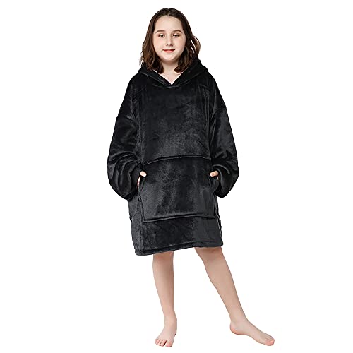 ADVWIN Kid's Wearable Blanket, Oversized Blanket Hoodie Sweatshirt, Soft Warm Wearable Hoodie Blanket with Pocket and Sleeves for Teens & Girls & Boys(Dark Grey)