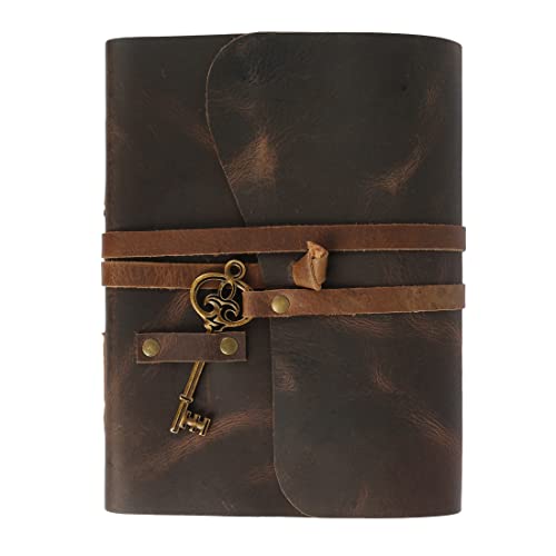 Leather Journal with lined Deckle Edge Paper 8x6 inch and Vintage Key/Handmade Writing Notebook Diary/Bound Daily Notepad for Men & Women Medium, Sketch/Writing pad, for Artists (8 x 6, Brown)