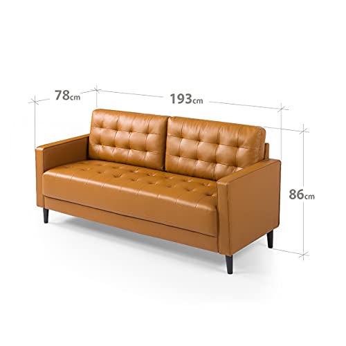 Zinus Mid-Century 3 Seater Leather Sofa Couch Furniture in Brown Cognac, Size 194cm