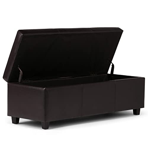 Simpli Home Avalon Rectangular Faux Leather Storage Ottoman Bench Large Brown