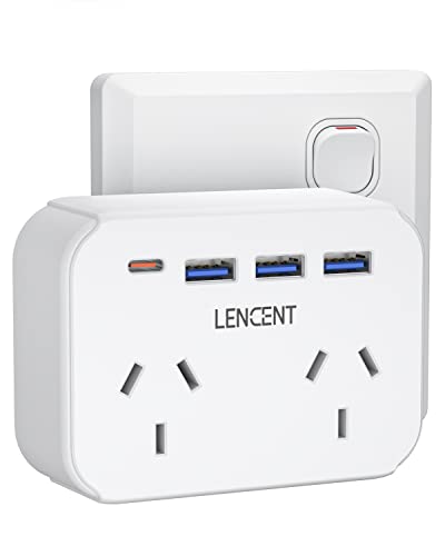 LENCENT USB Plug Extension, Type-C & 3 USB A Ports, 2 Way Socket Extension, 6-in-1 Grounded Outlet Extender for Household Appliances, Smartphone, Tablets, Ideal for Home Office Bedroom, 10A 2500W