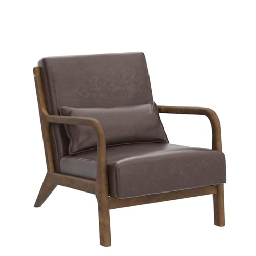 glitzhome 30.75 "H Mid Century Coffee Accent Armchair, Single Reading Armchair PU Leather Lounge Chair with Walnut Ruberwood Frame