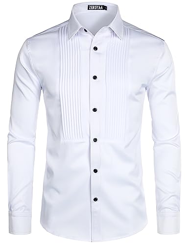 ZEROYAA Mens Slim Fit Long Sleeve Tuxedo Dress Shirts/Prom Performing Shirts, Z54-white Black, X-Large
