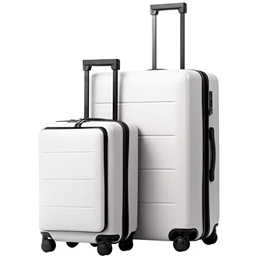 Coolife Luggage Suitcase Piece Set Carry On ABS+PC Spinner Trolley with pocket Compartment Weekend Bag, White, 2-piece Set, Classic