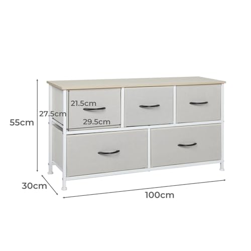 LEVEDE Chest of 5 Drawers, Tallboy Storage Cabinet, Fabric Tower Dresser Organizer, Clothes Toys Storage Unit, Home Furniture for Bedroom, Living Room, Hallway, Office (Beige)