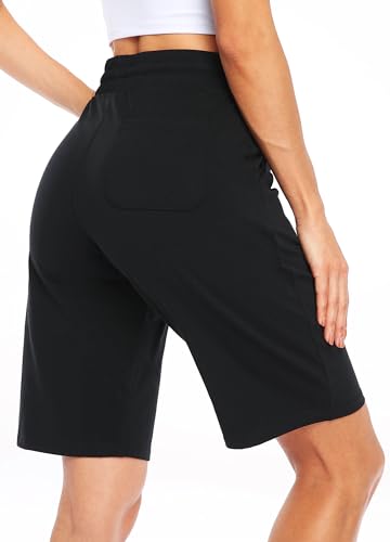 WILLIT Women's Shorts 10" Bermuda Cotton Long Shorts Jersey Shorts Athletic Yoga Workout Lounge Shorts with Pockets Black S