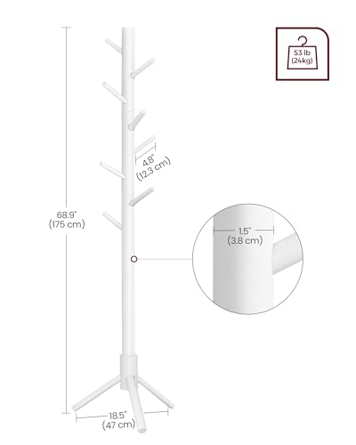 VASAGLE Solid Wood Coat Rack, Free Standing Coat Rack, Tree-Shaped Coat Rack with 8 Hooks, 3 Height Options, for Clothes, Hats, Bags, for Living Room, Bedroom, Home Office, White URCR04WT