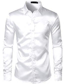 ZEROYAA Men's Luxury Shiny Silk Like Satin Button Up Dress Shirts, White, Medium
