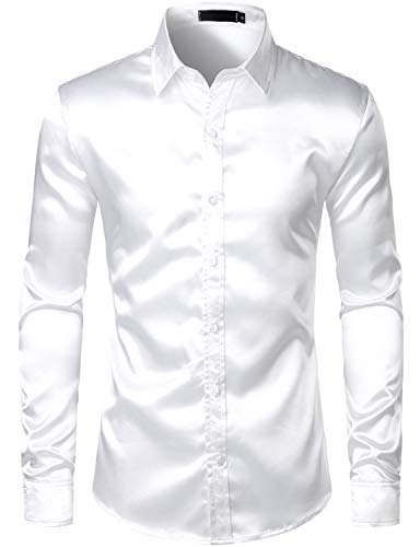 ZEROYAA Men's Luxury Shiny Silk Like Satin Button Up Dress Shirts, White, Medium