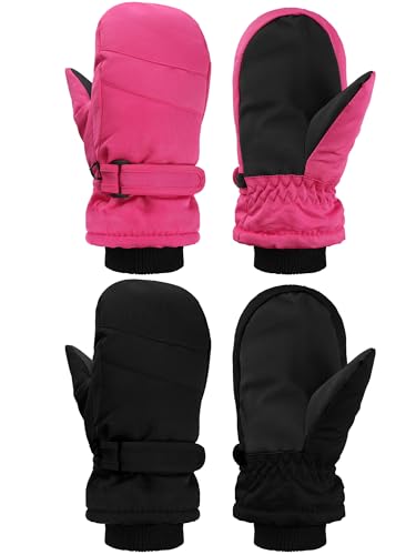 SATINIOR 2 Pairs Kids Snow Mittens Waterproof Winter Ski Gloves Warm Thicken Snow Gloves for Girls Boys (Rose Red, Black, 8-12 Years)