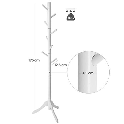 VASAGLE Standing Coat Rack, Solid Wood Coat Rack, Tree-Shaped Coat Rack with 8 Hooks, 3 Height Options, for Clothes, Hats, Bags, for Living Room, Bedroom, Home Office, White RCR60WT