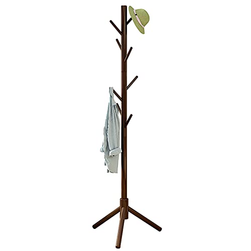 Neween Sturdy Wooden Tree Coat Rack Stand, Adjustable Free Standing Hall Coat Tree with 3 Section & 8 Hooks for Coats, Hats, Bags, Purse, Entryway, Hallway, Easy to Assemble (Brown)