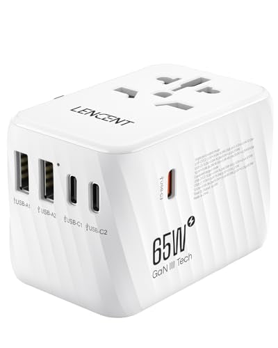 LENCENT International Travel Adapter, 65W GaN3 Universal Fast Charger with 2 USB A + 3 Type C PD, Worldwide Power Adaptor for Phones,Laptops, All in One Outlet Adaptor for EU/USA/UK/AU, White