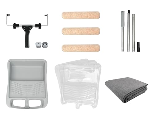 ROLLINGDOG 12" Paint Roller Kit - 9Inch Paint Rollers Paint Tray with 3PC Tray Lniers,Stainless Steel Extension Pole (3ft),Drop Cloth