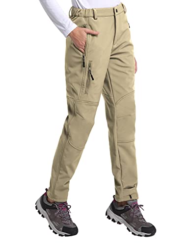 BALEAF Women's Hiking Pants Waterproof Fleece Lined Cold Weather Insulated Ski Snow Pant Warm Winter Soft Shell Khaki M