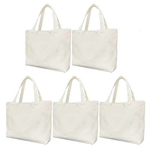 5 Pcs Reusable Canvas Tote Bags, Large Grocery Shopping Bag Tote Lightweight & Washable, Multi-purpose Blank Cloth Bags for Grocery,Paint,Shopping,Craft DIY Drawing Bag,Gift Bags and More