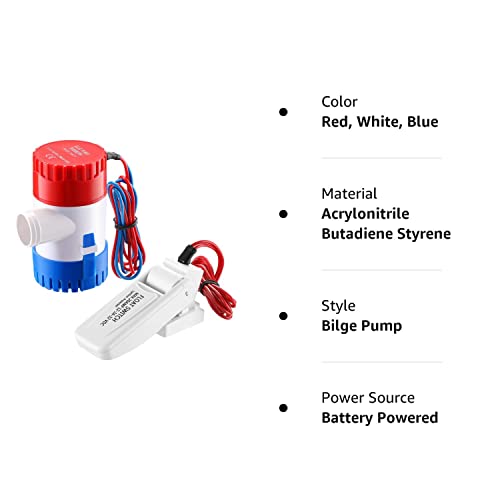 Boat Bilge Water Pump 12 V 1100 GPH Electric Marine Bilge Pump and Automatic Boat Bilge Pump Float Switch 12 V 24 V 32 V for Boats, 2 Pieces in Total