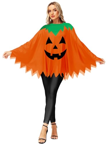 Women Pumpkin Poncho For Halloween Costume Adult Funny Printed Cosplay Cloak Cape Orange