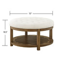 24KF Large Round Upholstered Tufted Linen Ottoman Coffee Table, Large Footrest Ottoman with Wood Shelf Storage-Ivory