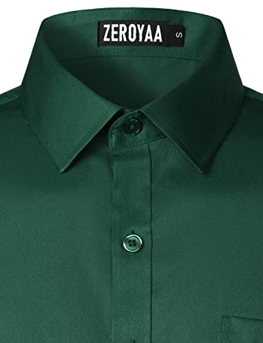 ZEROYAA Men's Urban Stylish Casual Business Slim Fit Long Sleeve Button Up Dress Shirt with Pocket, Dark Green, Small
