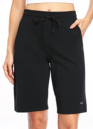 WILLIT Women's Shorts 10" Bermuda Cotton Long Shorts Jersey Shorts Athletic Yoga Workout Lounge Shorts with Pockets Black S