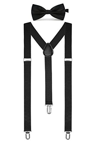 Boolavard Solid Color Mens Suspender Bow Tie Set Clip On Y Shape Adjustable Braces, Black, One size