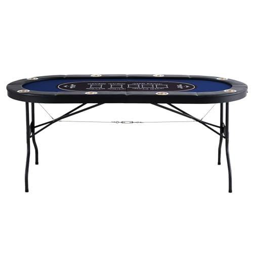 VEVOR 8 Player Foldable Poker Table, Blackjack Texas Holdem Poker Table with Padded Rails and Stainless Steel Cup Holders, Portable Folding Card Board Game Table,183cm Oval Casino Leisure Table, Blue