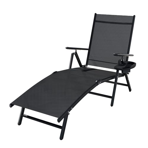 Gardeon Sun Lounge, Folding Camping Chair PE Lounger Day Bed Chaise Beach Chairs Outdoor Furniture Garden Patio Setting Pool Backyard, Armrest Adjustable Backrest Water Resistant Black