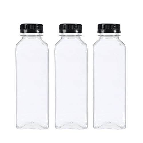Packware Square Plastic Juice Bottles - Clear Drinking Containers with Tamper Evident Lids - Reusable & Leak-Proof - Great for Storing Homemade Juices Water Smoothies & Much More - 10 Pcs(Black Lids)