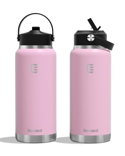 Berusd 1L Insulated Water Bottle, Leak Proof Straw Lid, Stainless Steel Vacuum Insulated Water Bottle, Wide Mouth Bottle with Flex Cap, Double Walled Travel Cup Thermo Bottle Mug Drink Flasks,Sakura