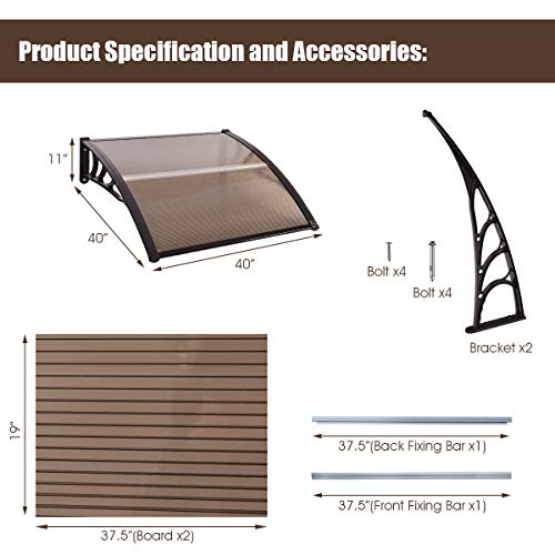 Tangkula 40" X 40" Outdoor Window Awning with Polycarbonate Hollow Sheet, Modern Door Canopy for Patio Balcony, UV Rain Snow Sunlight Protection (Brown)