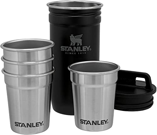 Stanley Stainless Steel Shot Glass and Flask Gift Set, Outdoor Adventure Pack with 4 Metal Shot Glasses, 8oz Whiskey Flask, and Travel Carry Case