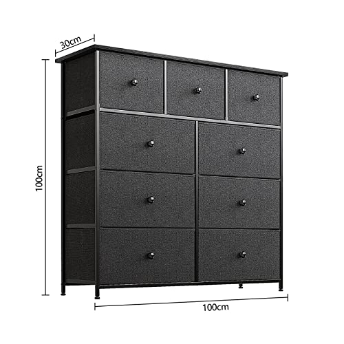 Luxsuite Chest of 9 Drawers Tower Dresser Tallboy Storage Cabinet Closet Organizer Unit Fabric Bin Wood Top Black Bedroom Living Room