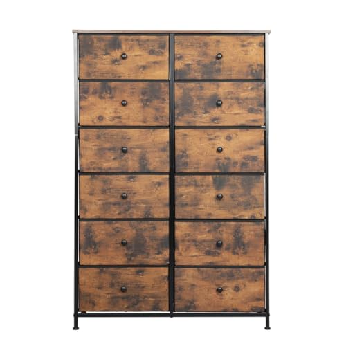 LEVEDE Chest of 12 Drawers, Tallboy Storage Cabinet, Tower Dresser Organizer Clothes Toys Storage Unit, Home Furniture for Bedroom, Living Room, Hallway, Office (Retro Brown)