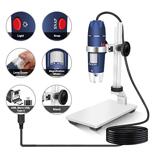 Jiusion HD 2MP USB Digital Microscope 40-1000X Portable Magnification Endoscope Camera with 8 LEDs Aluminum Alloy Stable Stand for OTG Android Mac Windows 7 8 10 Linux