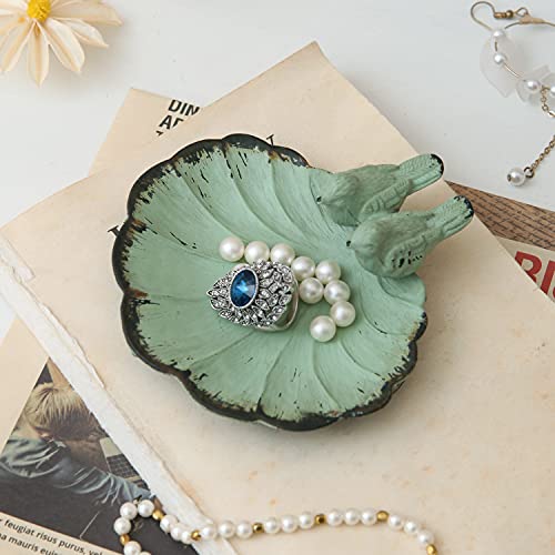 (Aqua Birds) - Nikky Home Decorative Jewellery Dish with Metal Distressed Bird and Leaf, 11cm x 11cm x 4.1cm, Green