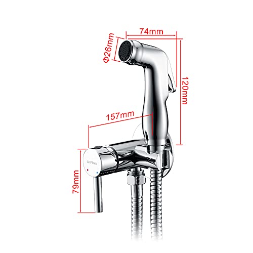 GRIFEMA COMPLENTO-G154 Toilet Shower Set with Stopcock, 1.5 m Shower Hose/Shower Set for Intimate Care (G1/2 Inch, Hot and Cold Water), Chrome Plated, Silver