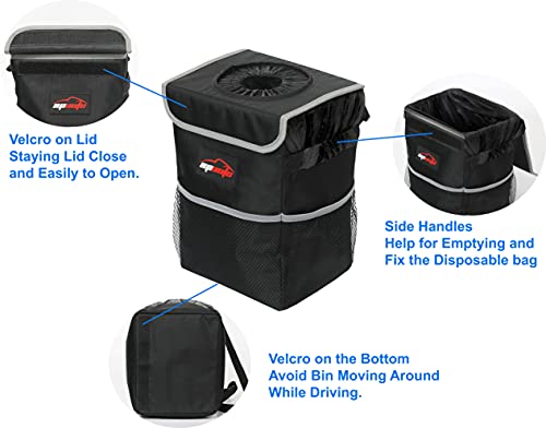 EPAuto Waterproof Car Trash Can with Lid and Storage Pockets, Black