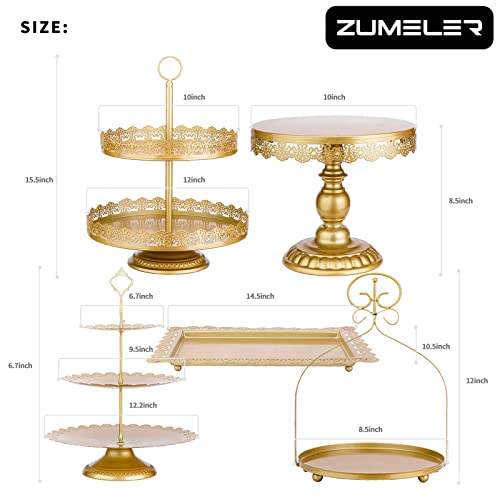 ZUMELER 5Pcs Gold Cake Stands Set Metal Round Cupcake Holder Cookies Dessert Display Plate Serving Tower Tray Platter with Handl for Baby Shower Wedding Birthday Party Decorating