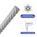 1/4" Stainless Steel Cable,7x19 Strand Aircraft Wire Rope,Cable for Heavy Duty Applications,Zip Iine and Outdoor Pulley Cables,Deck Railing, with Gloves,Breaking Strength 6400 Ibs,150FT